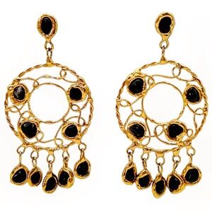 Funky Vintage Gold Plated Modernist Onyx Open Work Chandelier Drop Earrings